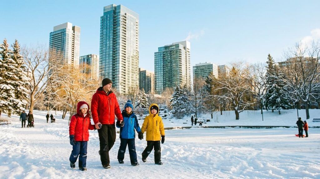 A family enjoying a snowy park in a Canadian city