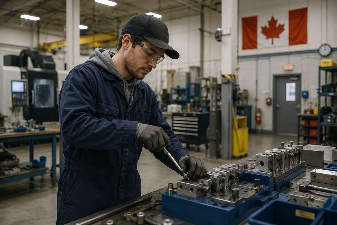 A machinist wearing safety glasses works on metal parts in a workshop with a Canadian flag on the wall.