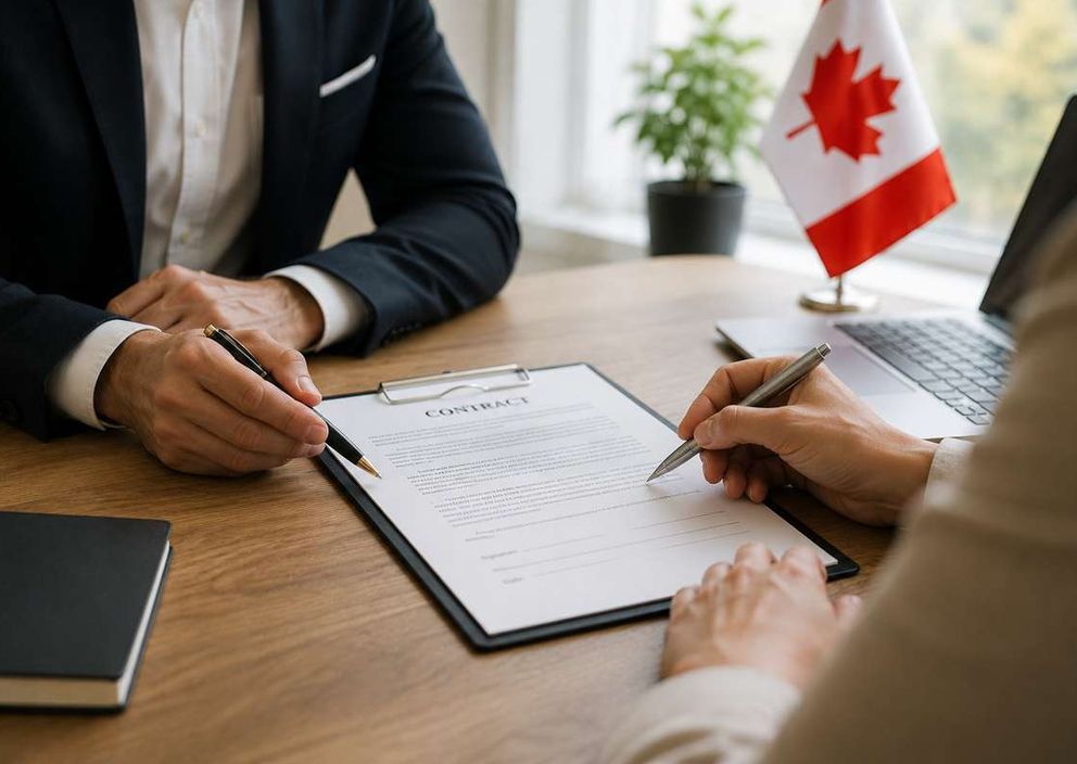 Two people reviewing a contract on a desk next to a small Canadian flag.