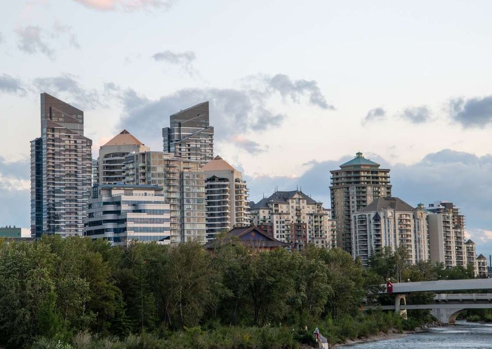 Modern city skyline with tall high-rise buildings rising behind green trees along a riverbank.