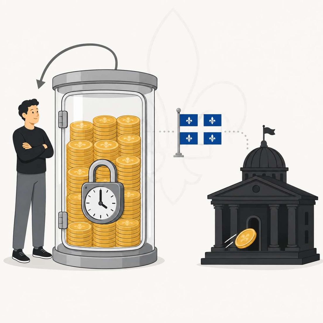Illustration of a man beside a locked cylinder of gold coins, a government building, and the Quebec flag.