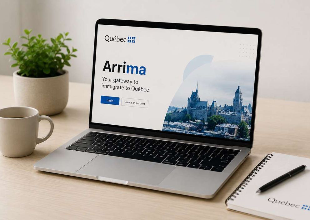 A laptop displaying the Quebec Arrima immigration portal on a desk next to a mug and notebook.