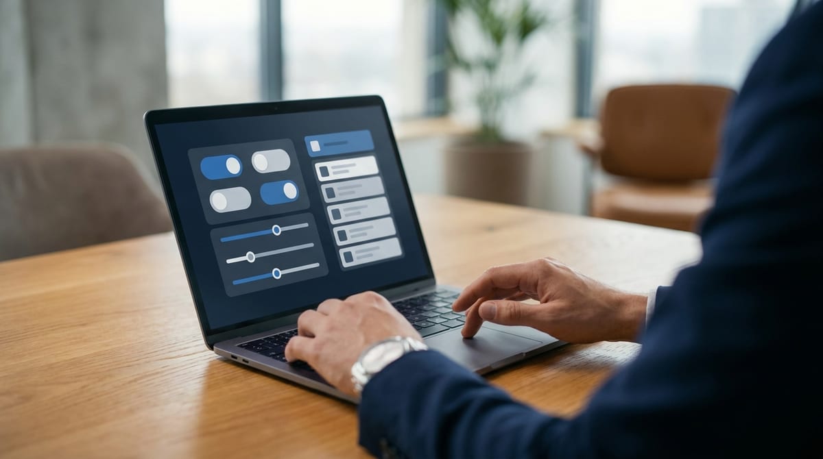 Close-up of hands using a laptop with an abstract filtering interface in a bright, modern professional office setting.