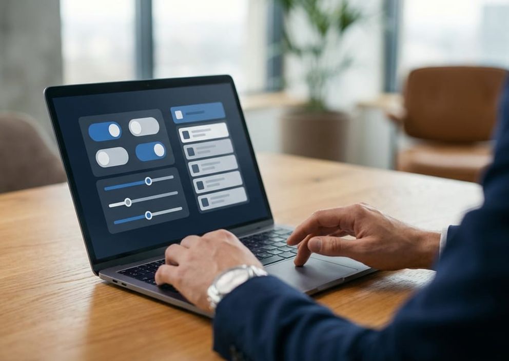 Close-up of hands using a laptop with an abstract filtering interface in a bright, modern professional office setting.