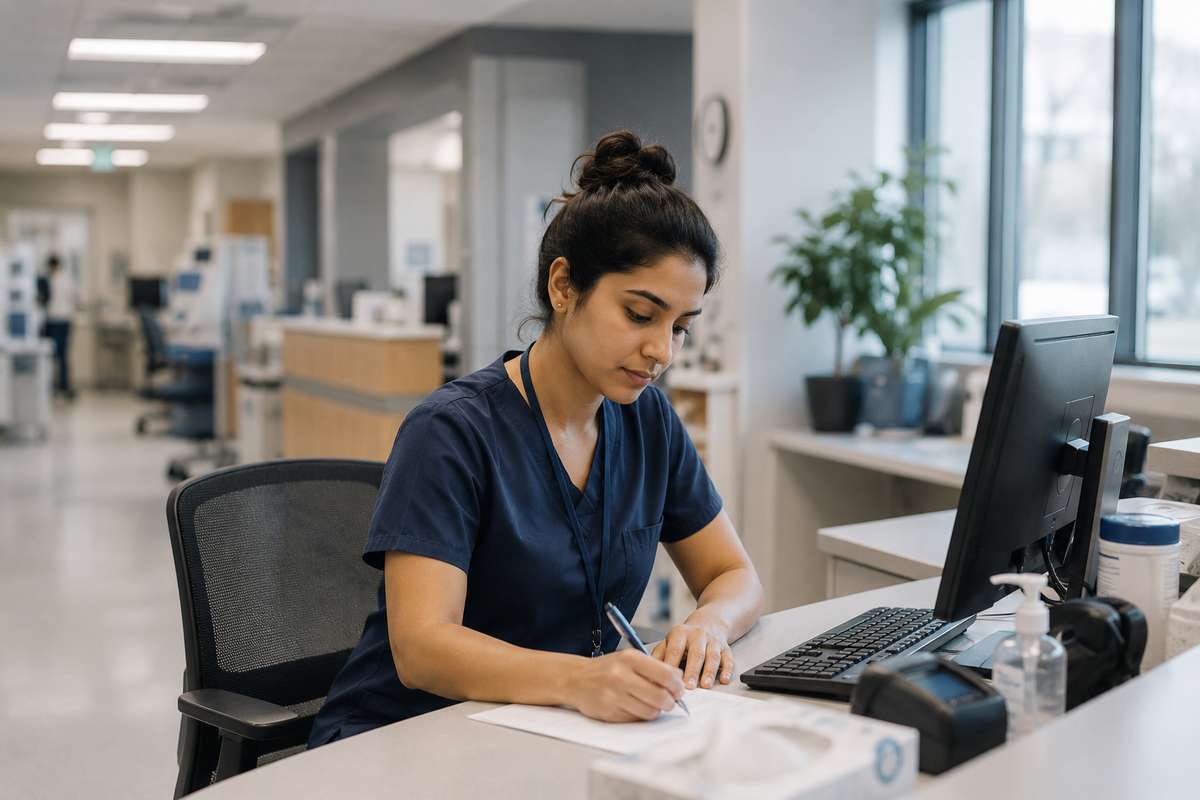 A female healthcare worker in blue scrubs writes on a document at a desk in a modern clinic.