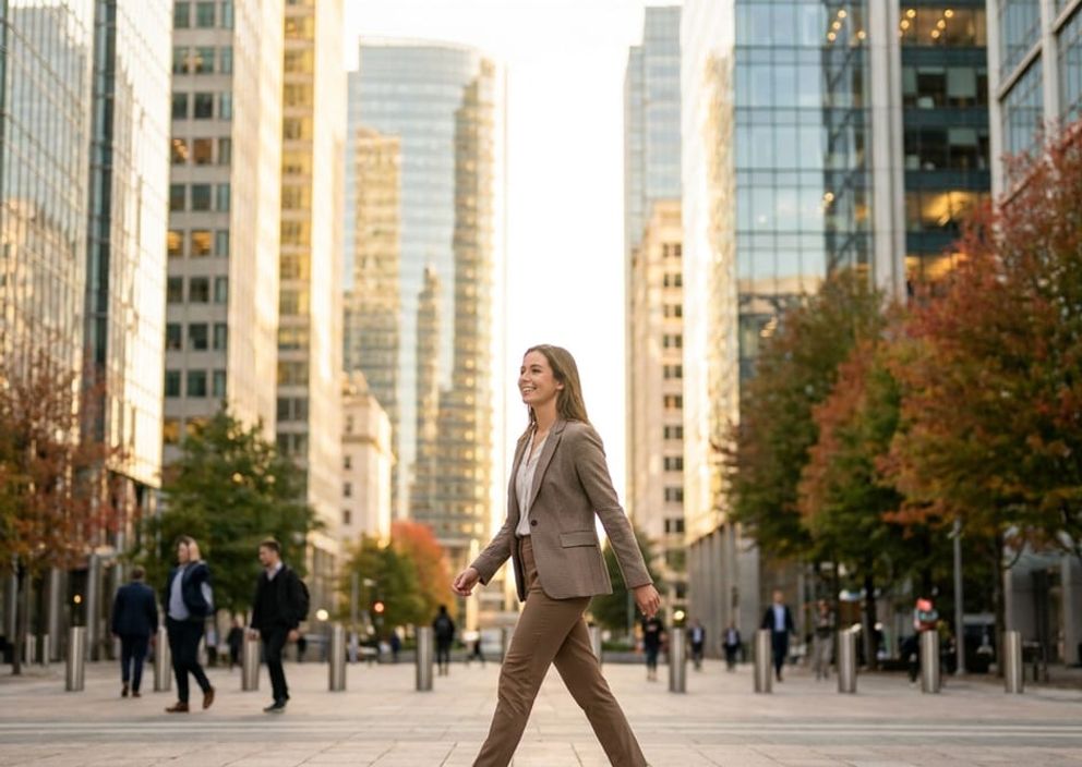 A smiling professional walking along a sunlit city street with modern glass office towers in the background.
