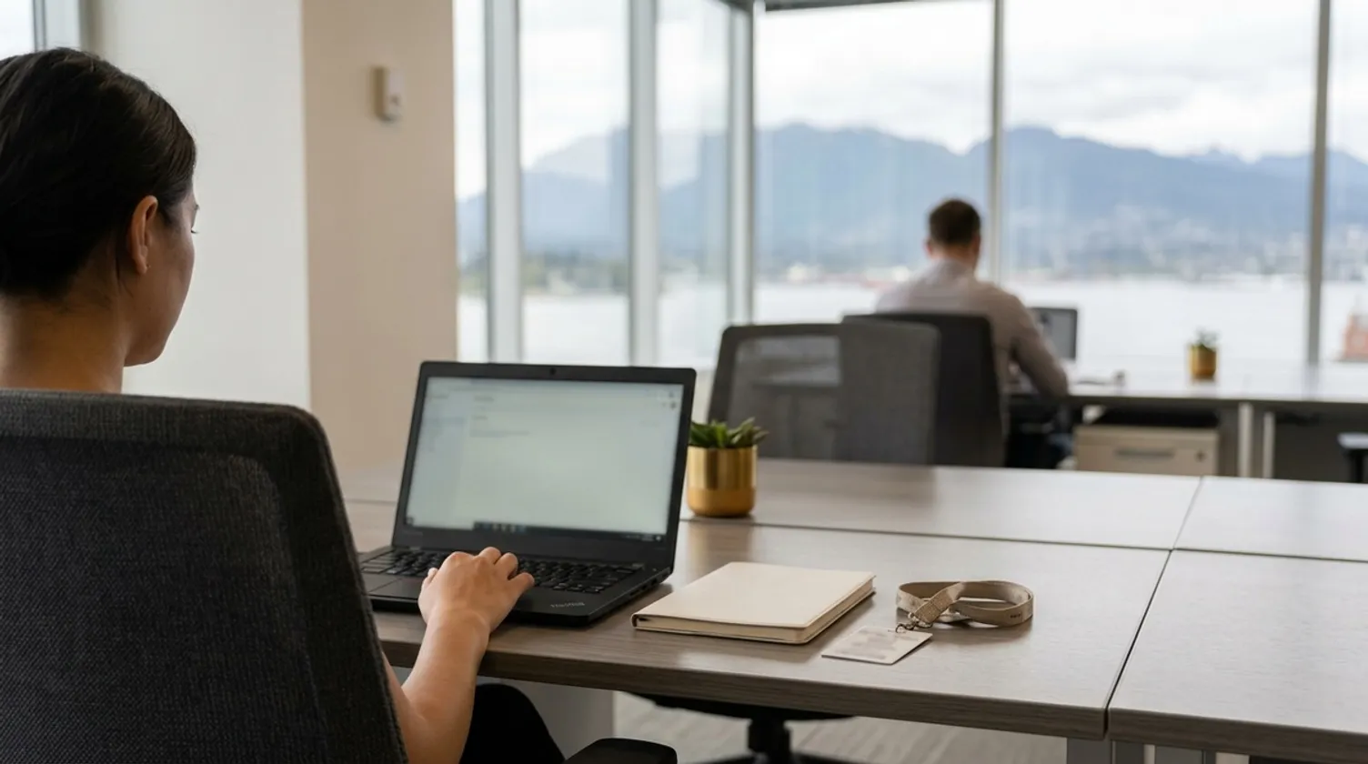 A person works on a laptop at an office desk with large windows overlooking water and mountains.