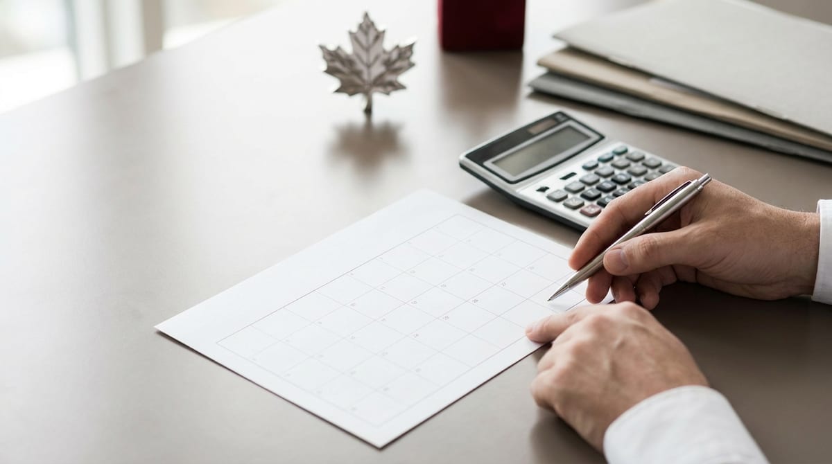 Hands using a calculator and calendar on a professional office desk, calculating Canadian citizenship eligibility days.