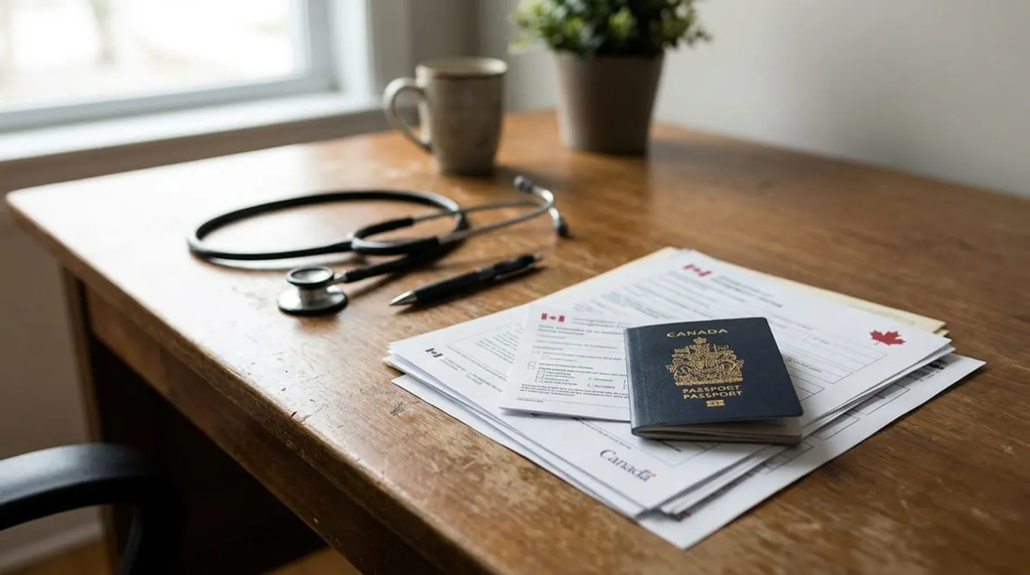 Desk with permanent residence application documents, stethoscope, and passport