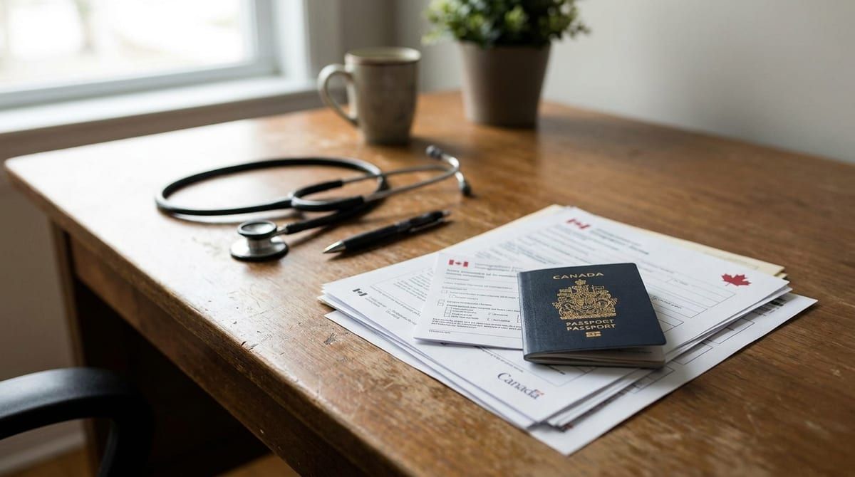 Desk with permanent residence application documents, stethoscope, and passport