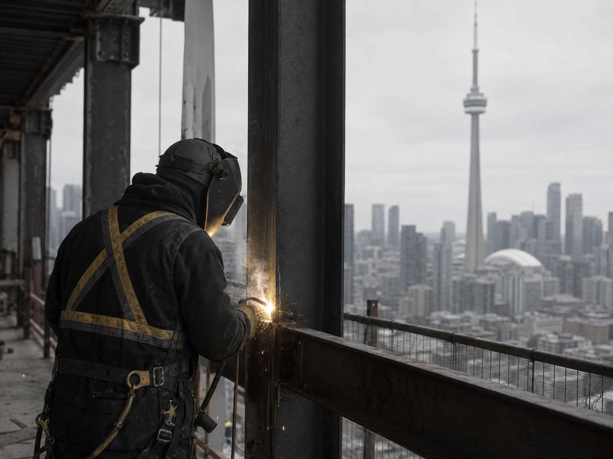 A welder in protective gear welds a steel beam overlooking the Toronto skyline and CN Tower.