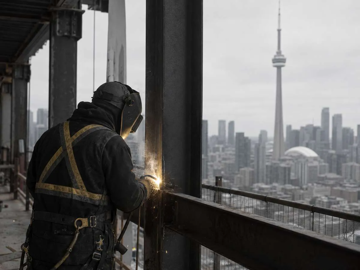A welder in protective gear welds a steel beam overlooking the Toronto skyline and CN Tower.