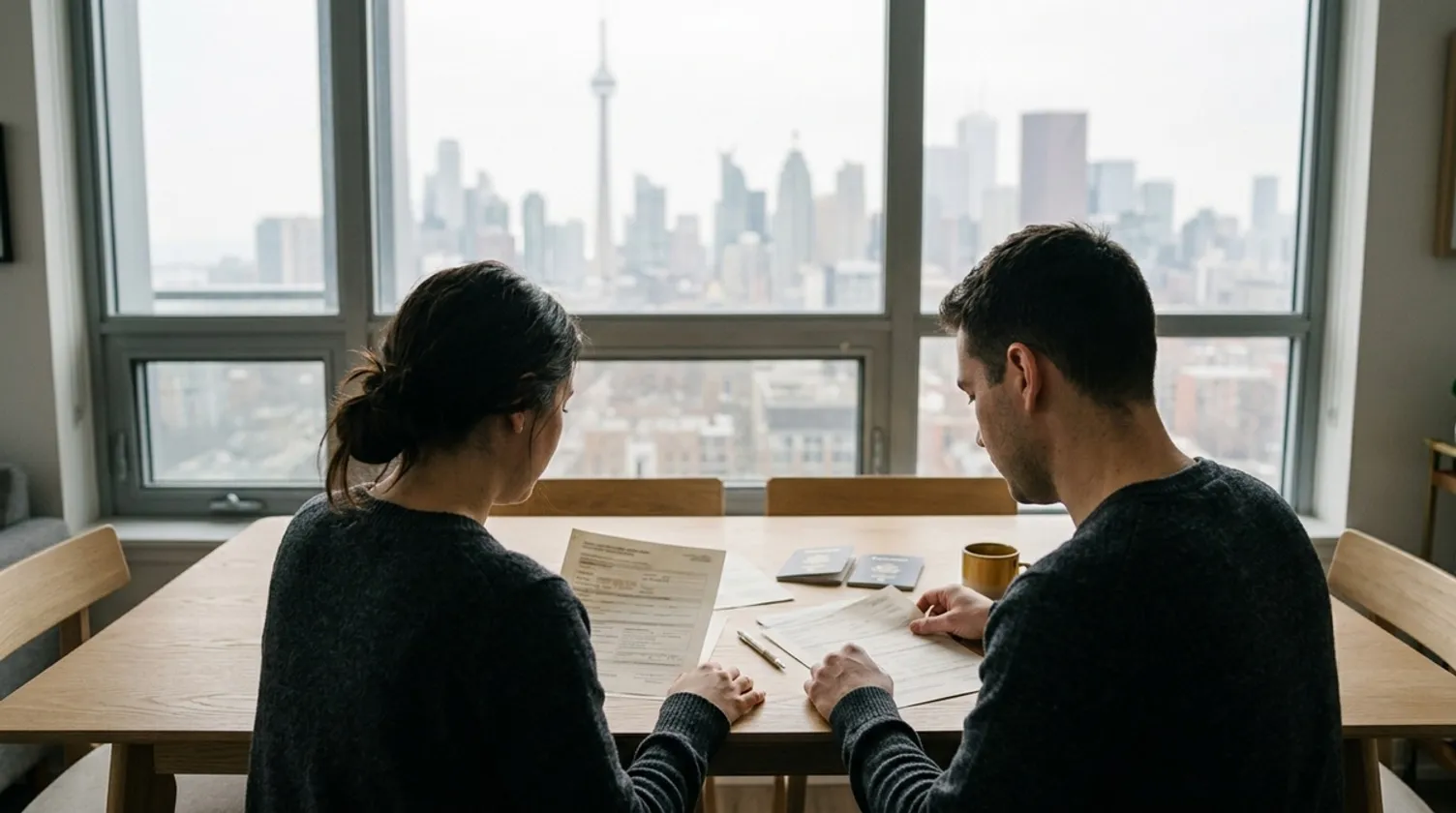 A couple reviews documents and passports at a table overlooking the Toronto skyline.