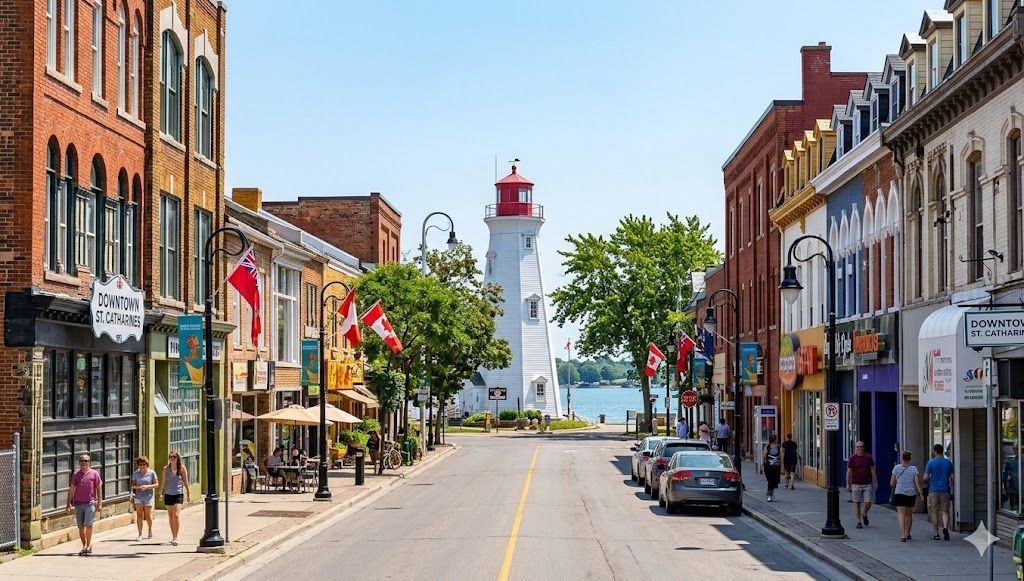 Sunny street in St. Catharines lined with historic buildings leading to a white lighthouse by the water.