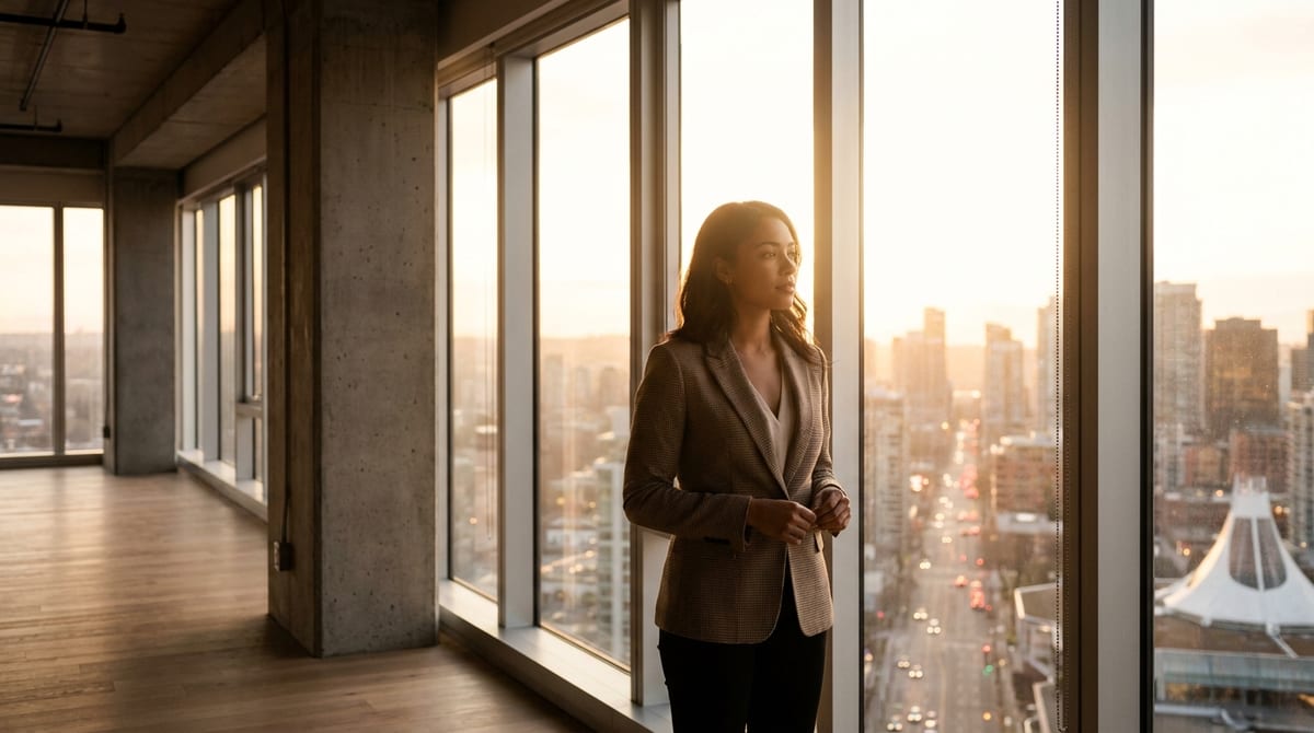 A professional standing in a modern high-rise office looking out at a bright Canadian city skyline.