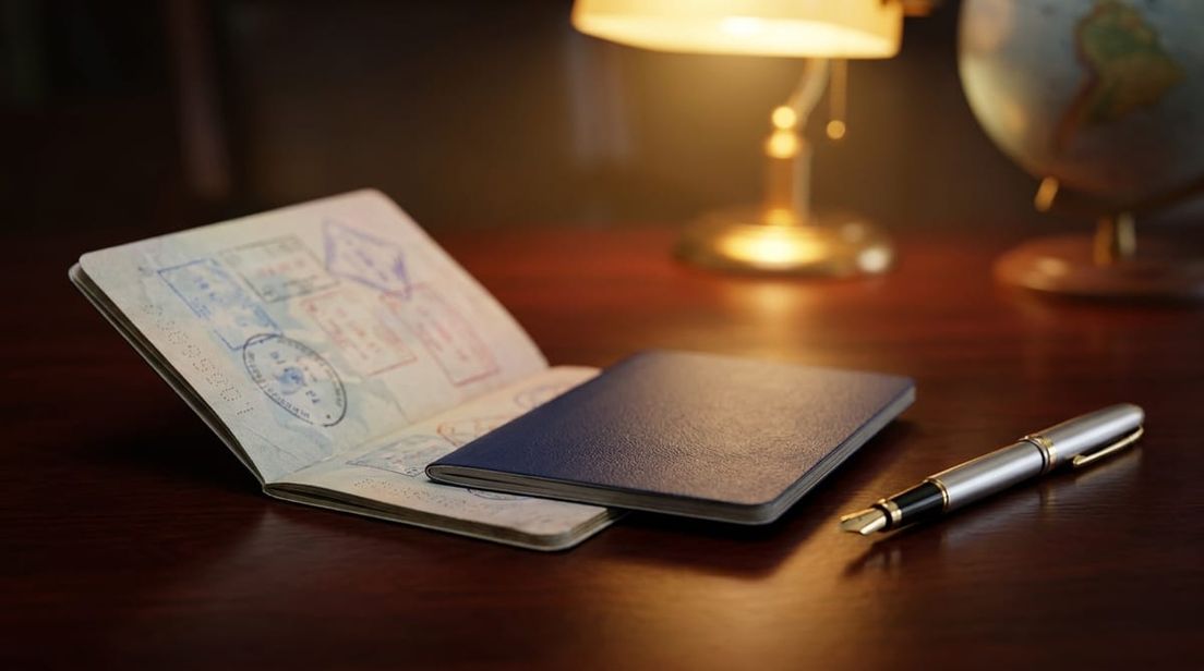 Close-up of open and closed passports on a professional desk with a premium pen, representing different travel visa options.