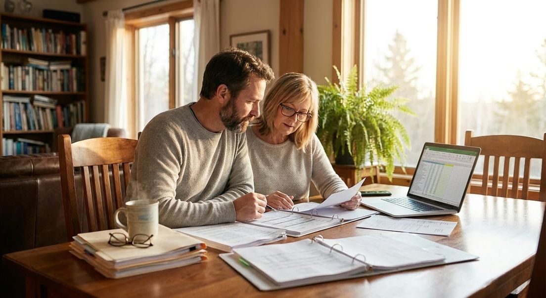 Photograph of a focused couple at a wooden table reviewing binders and a laptop for their application process.