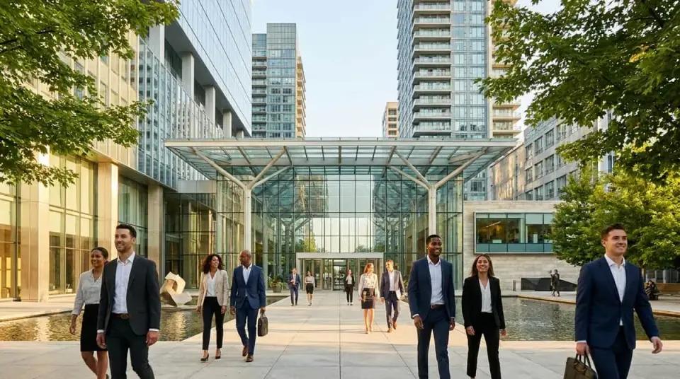 Sunlit modern Canadian civic plaza with sleek glass architecture and professionals walking outdoors.
