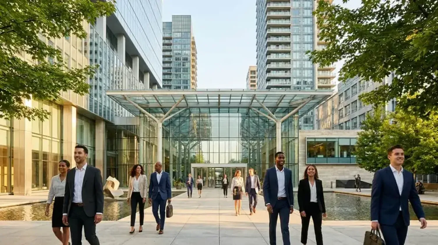 Sunlit modern Canadian civic plaza with sleek glass architecture and professionals walking outdoors.