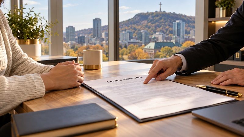 Two people review a service agreement at a desk beside windows overlooking a city and mountain.
