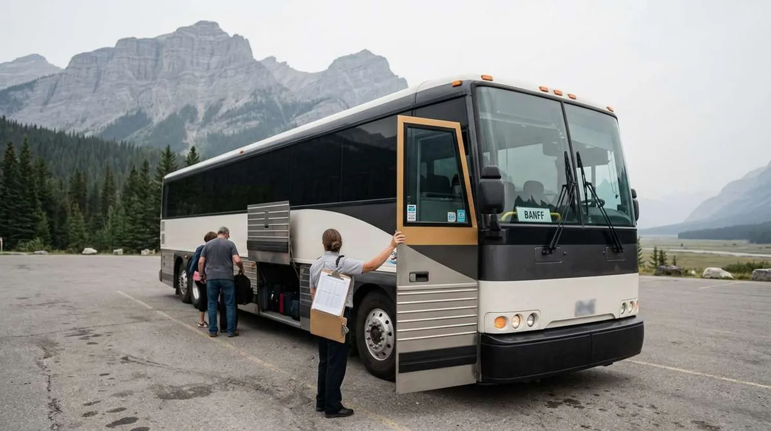A tour guide holding a clipboard stands by a tour bus in the mountains as passengers board.