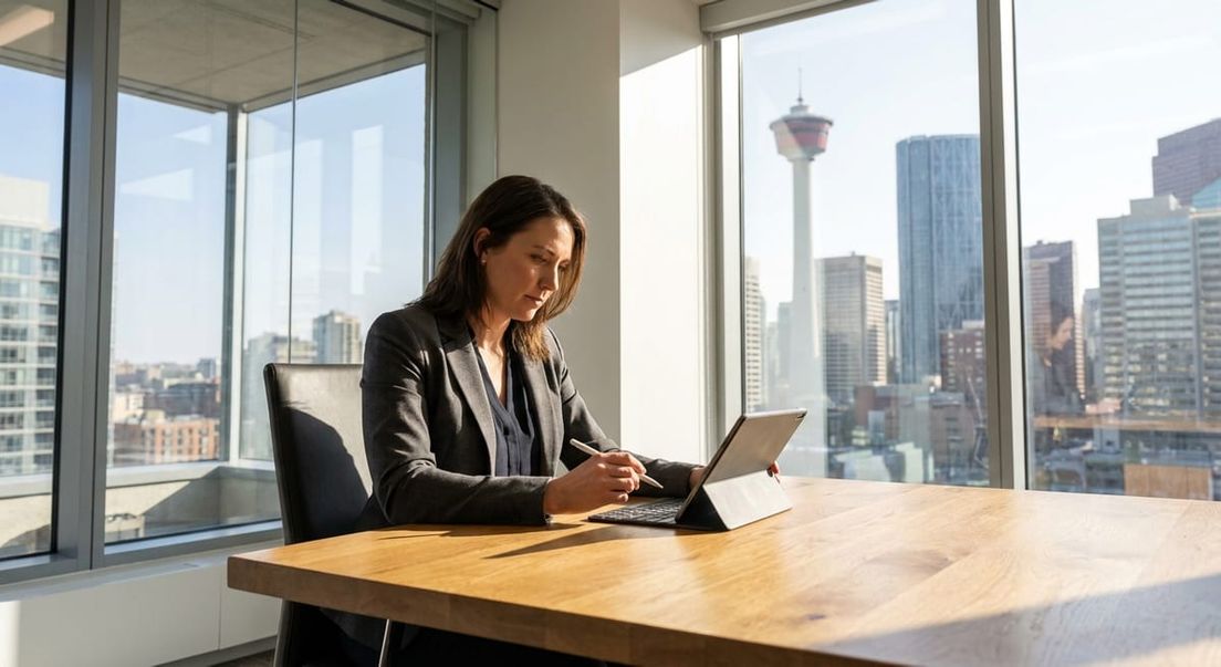 Photograph of a professional woman using a tablet in a Calgary office, symbolizing Alberta career opportunities.