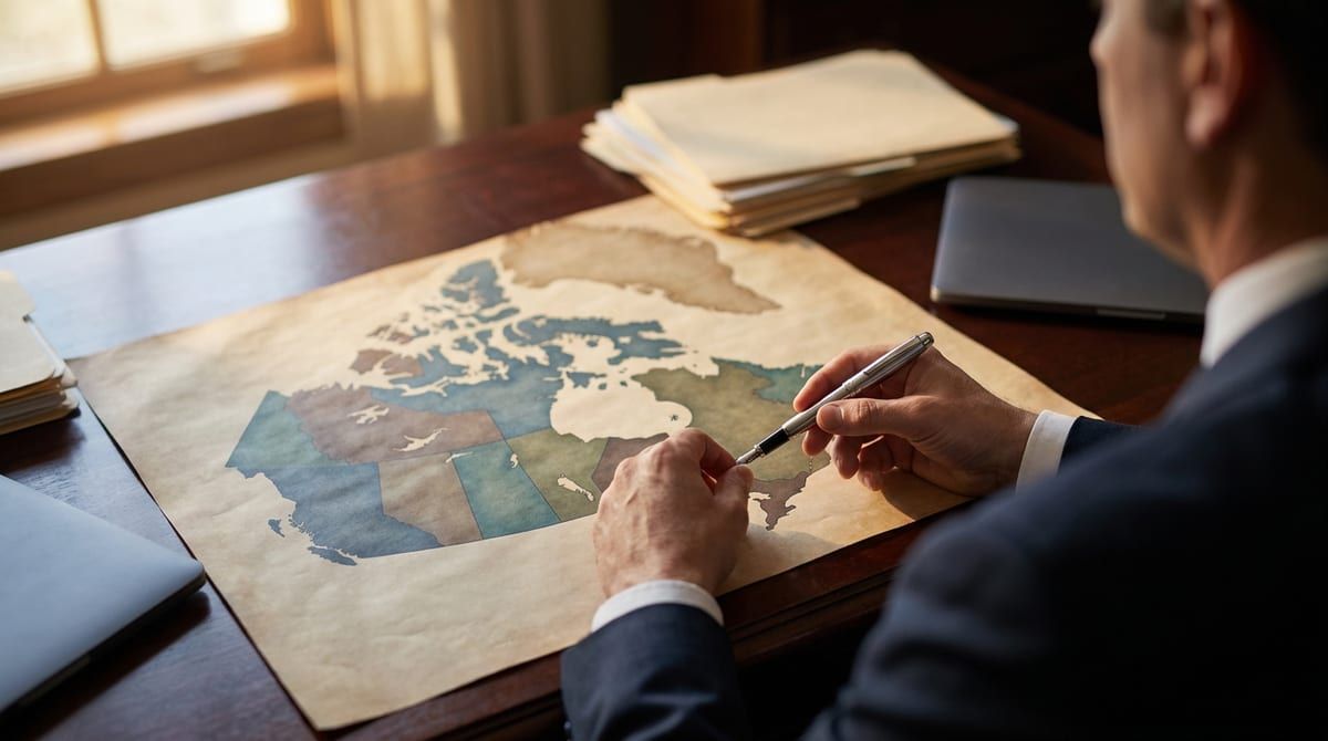 Professional hands pointing a pen at a map of Canada on a wooden desk, symbolizing provincial immigration strategies.