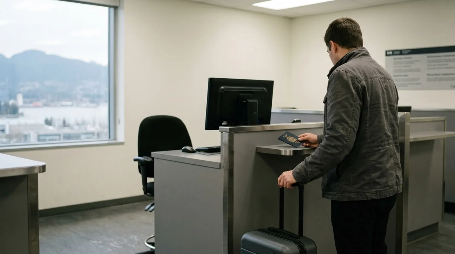 A man with a suitcase holds his passport at an empty border inspection counter.