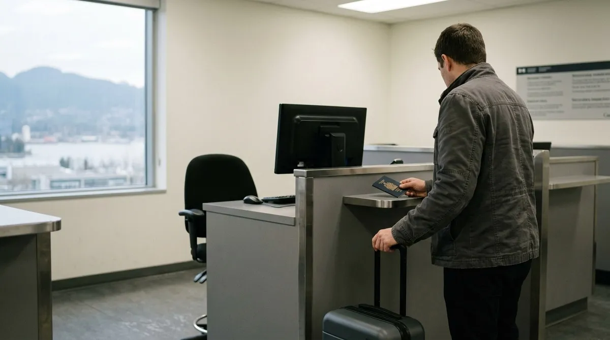 A man with a suitcase holds his passport at an empty border inspection counter.