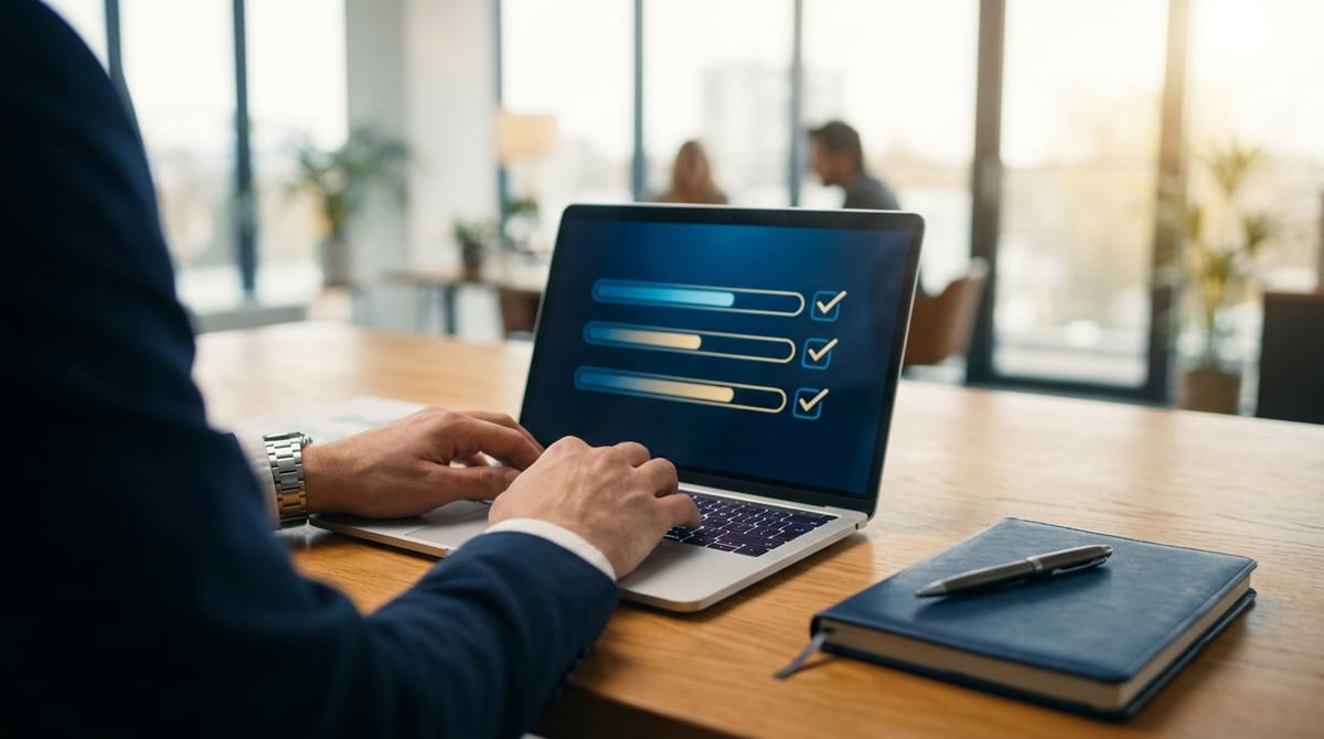 Hands using a laptop displaying an abstract progress bar in a bright, modern professional office setting.