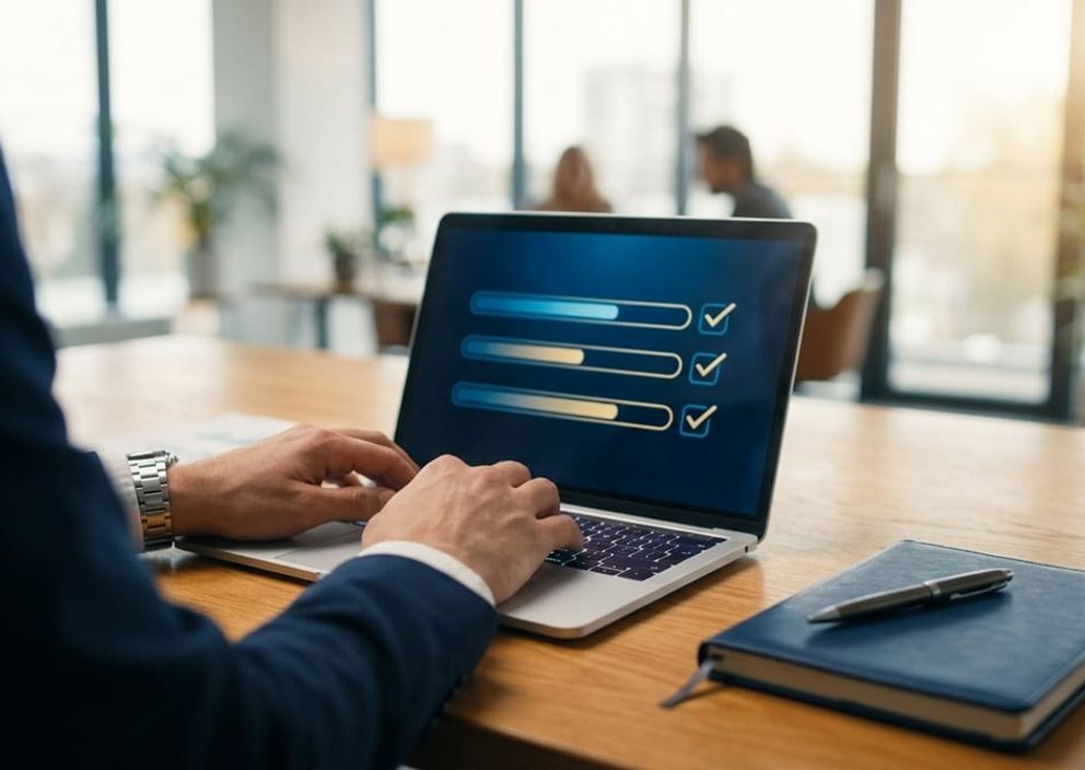 Hands using a laptop displaying an abstract progress bar in a bright, modern professional office setting.
