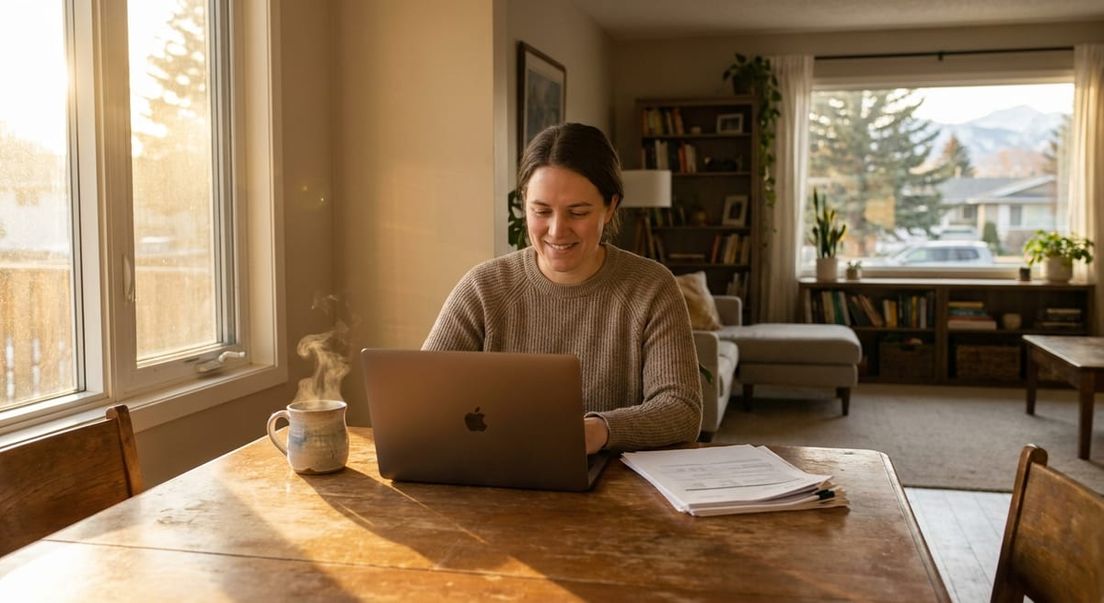 Photograph of a smiling woman working on a laptop at home, representing AOS work permit eligibility in Alberta.