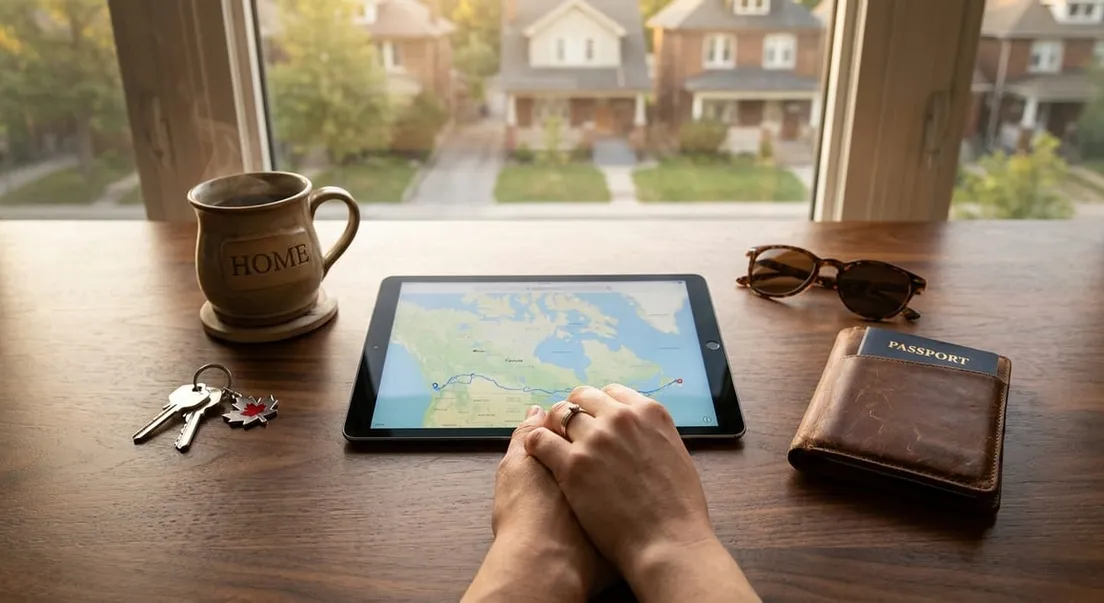 Photograph of a tablet showing a map of Canada, a passport, and a 'HOME' mug for partner sponsorship planning.