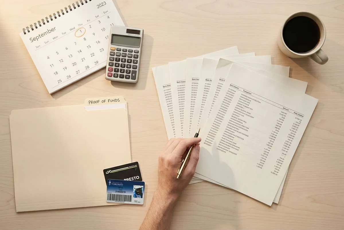 Person reviewing bank statements next to a proof of funds folder, calculator, and calendar on a desk.