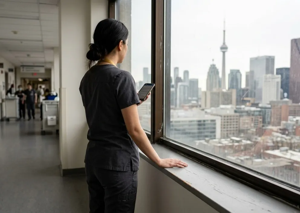 A healthcare worker in scrubs holds a phone and looks out a hospital window at the Toronto skyline.