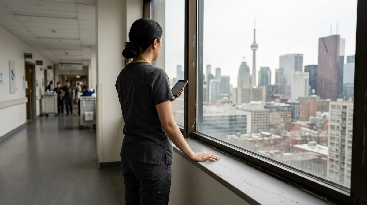 A healthcare worker in scrubs holds a phone and looks out a hospital window at the Toronto skyline.