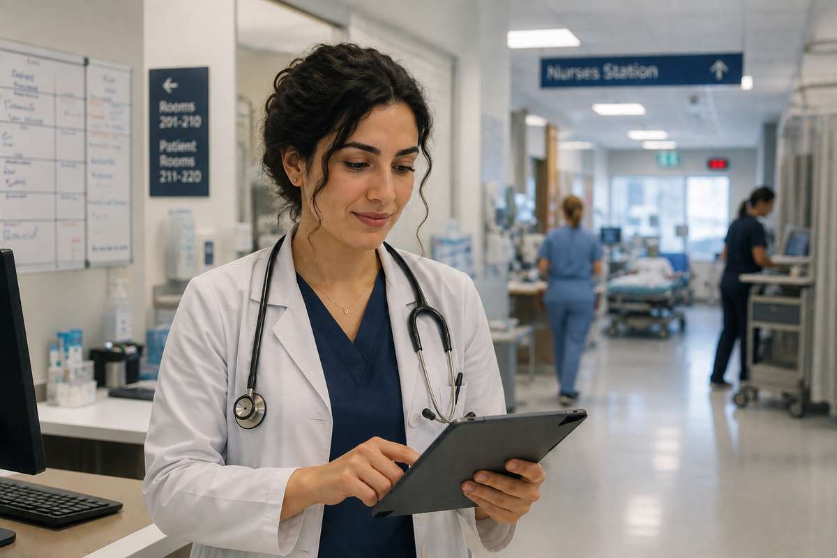 A female doctor wearing a white coat and stethoscope uses a tablet in a hospital hallway.