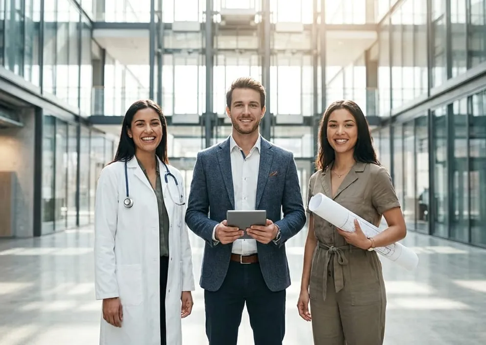 Diverse group of skilled professionals, including a doctor, standing in a bright, modern, sunlit glass atrium.