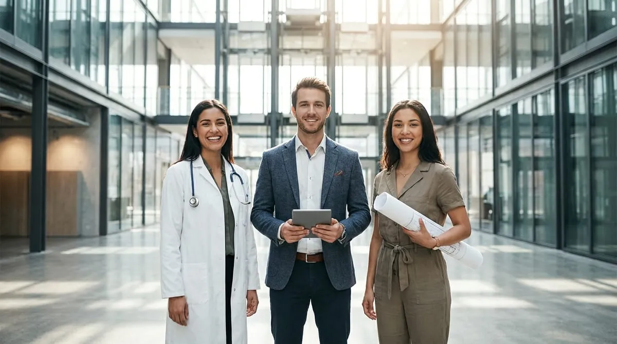 Diverse group of skilled professionals, including a doctor, standing in a bright, modern, sunlit glass atrium.