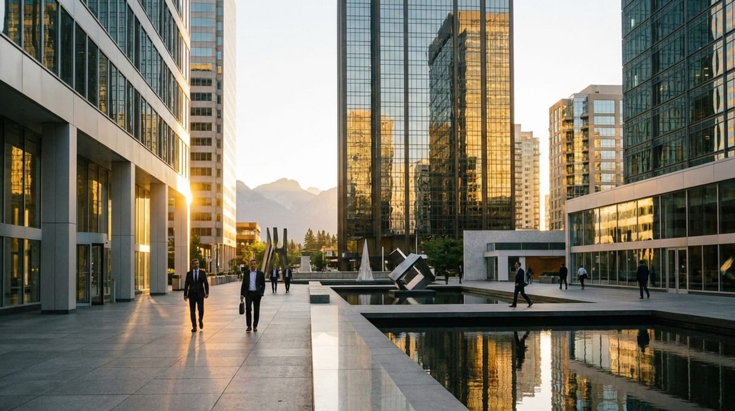 Sunrise over a modern Canadian city plaza with glass skyscrapers reflecting golden morning light.