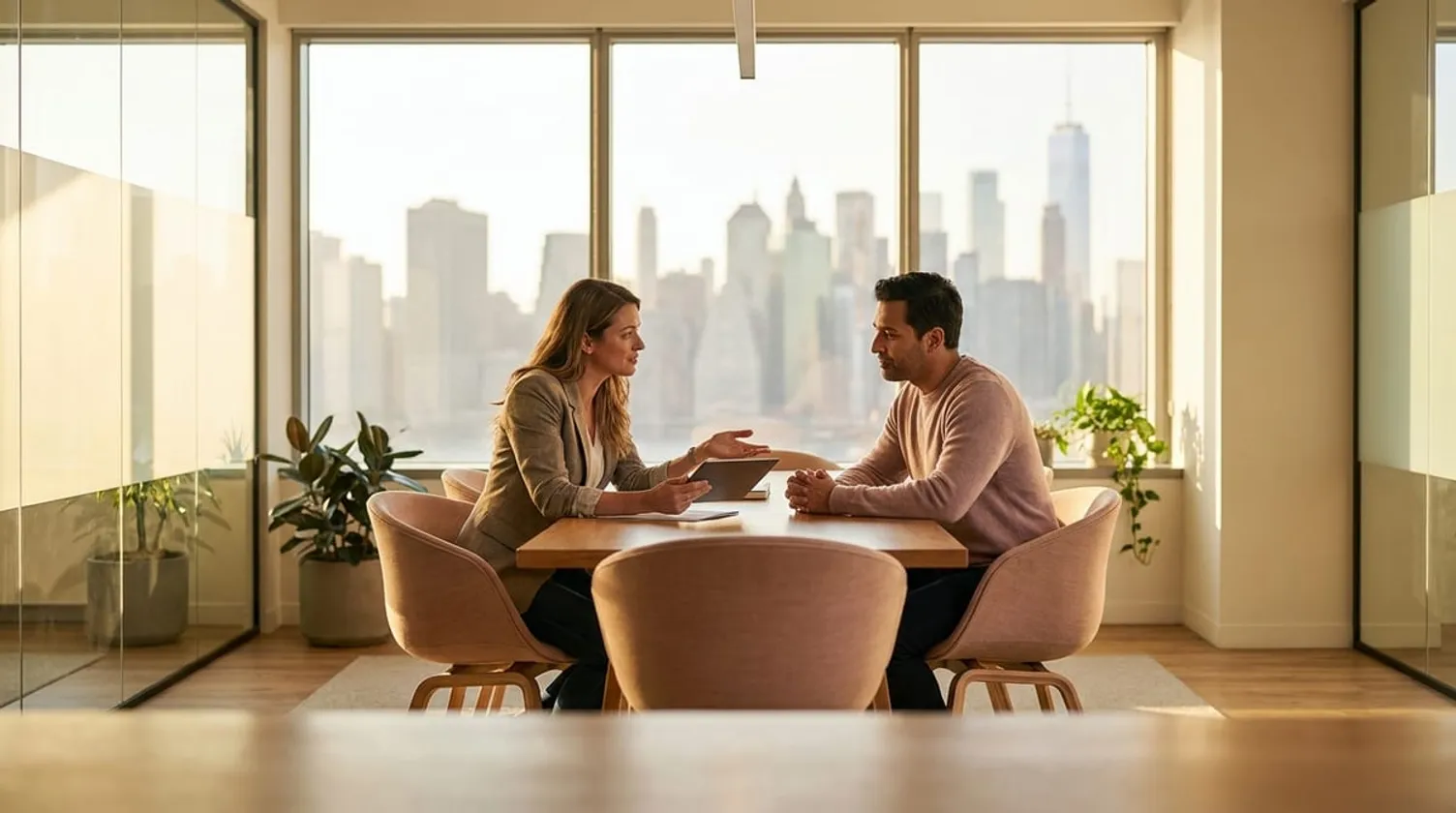 An immigration consultant speaking reassuringly with a client in a bright, modern office.