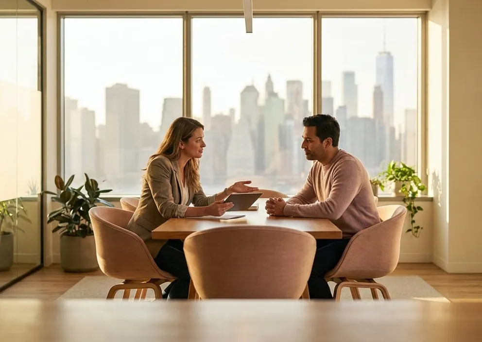An immigration consultant speaking reassuringly with a client in a bright, modern office.