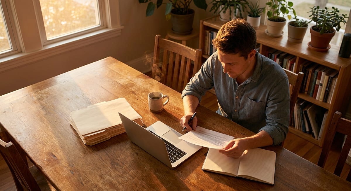 Photograph of a man at a sunlit wooden table with a laptop, responding to concerns in a procedural fairness letter.
