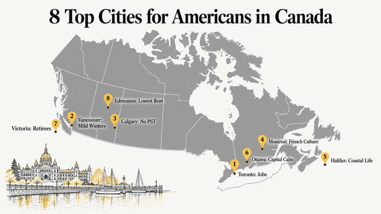Map of Canada showing eight top cities for Americans, including Toronto, Vancouver, and Montreal.