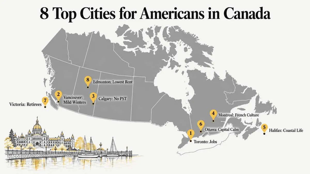 Map of Canada showing eight top cities for Americans, including Toronto, Vancouver, and Montreal.