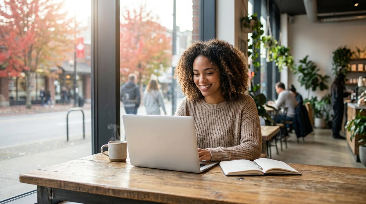 A student studying on a laptop in a bright cafe with autumn maple trees visible through the window.
