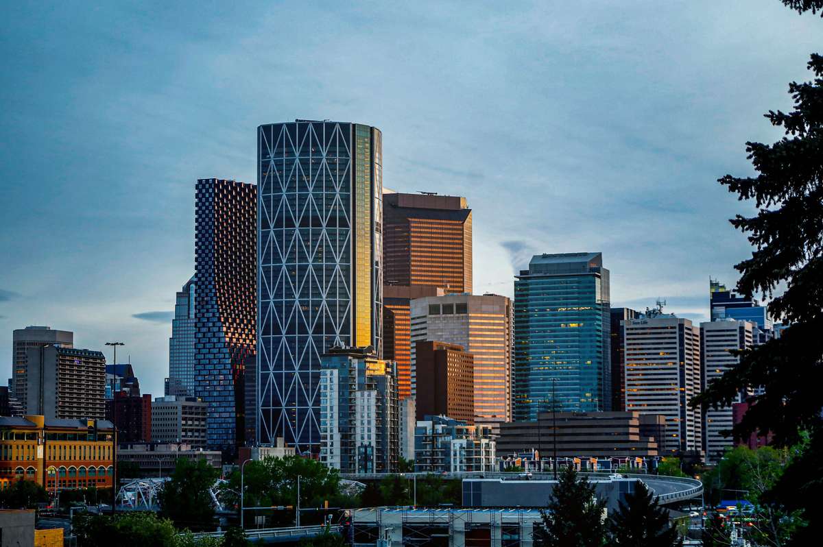 Modern downtown Calgary skyline featuring tall glass skyscrapers under a blue sky.