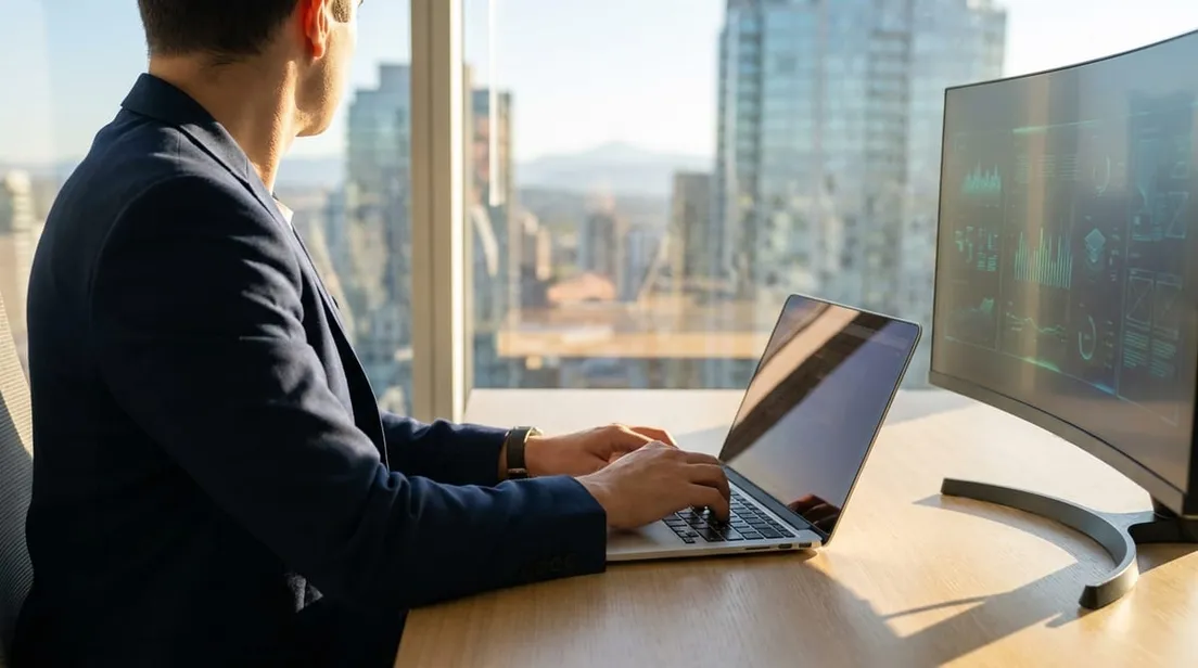 Over-the-shoulder view of a tech professional working on a laptop in a modern high-rise office with a city skyline view.