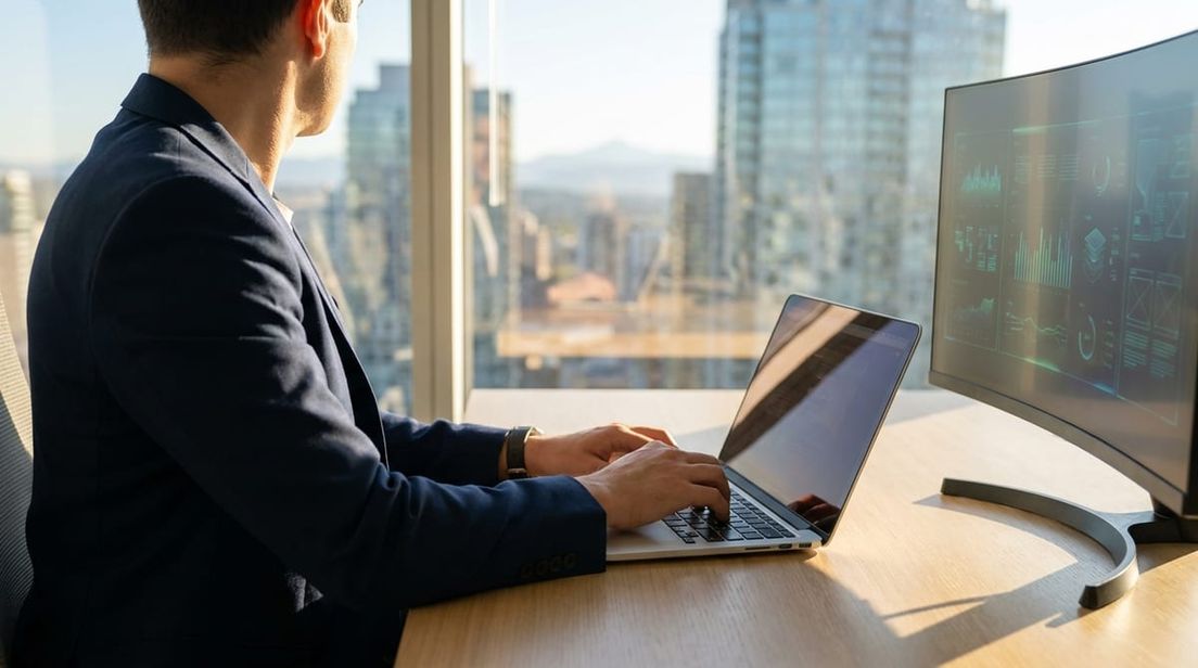 Over-the-shoulder view of a tech professional working on a laptop in a modern high-rise office with a city skyline view.