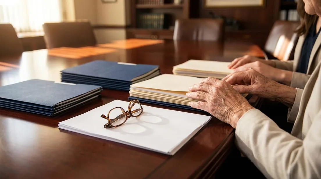 Close-up of younger and older hands organizing official folders and documents on a polished wooden desk in a bright room.